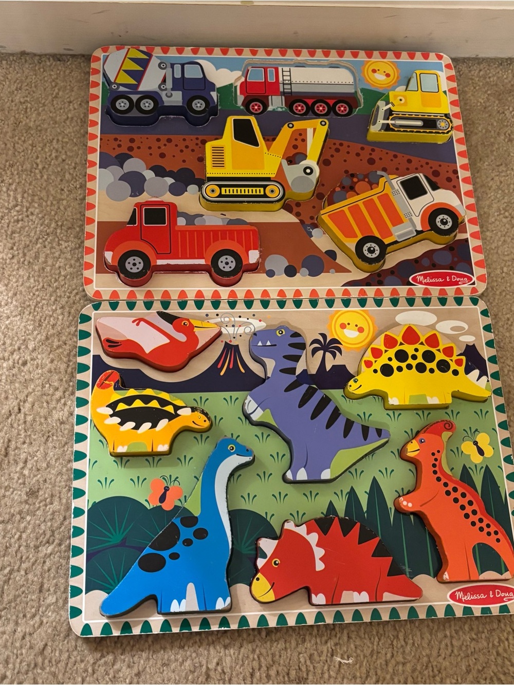 Melissa and Doug wooden block puzzles dinosaurs and trucks